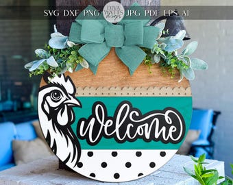 Laser Cut Door Hanger SVG | Chicken Welcome Sign SVG File | DIY Round Wood Sign Template | Farmhouse Digital Cut File for Glowforge