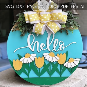 Hello Floral Door Hanger SVG Laser Cut File, Daisy and Tulip Round Sign, Spring Welcome Sign Design, Glowforge Laser File, Farmhouse Decor