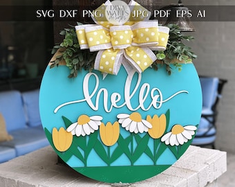 Hello Floral Door Hanger SVG Laser Cut File, Daisy and Tulip Round Sign, Spring Welcome Sign Design, Glowforge Laser File, Farmhouse Decor