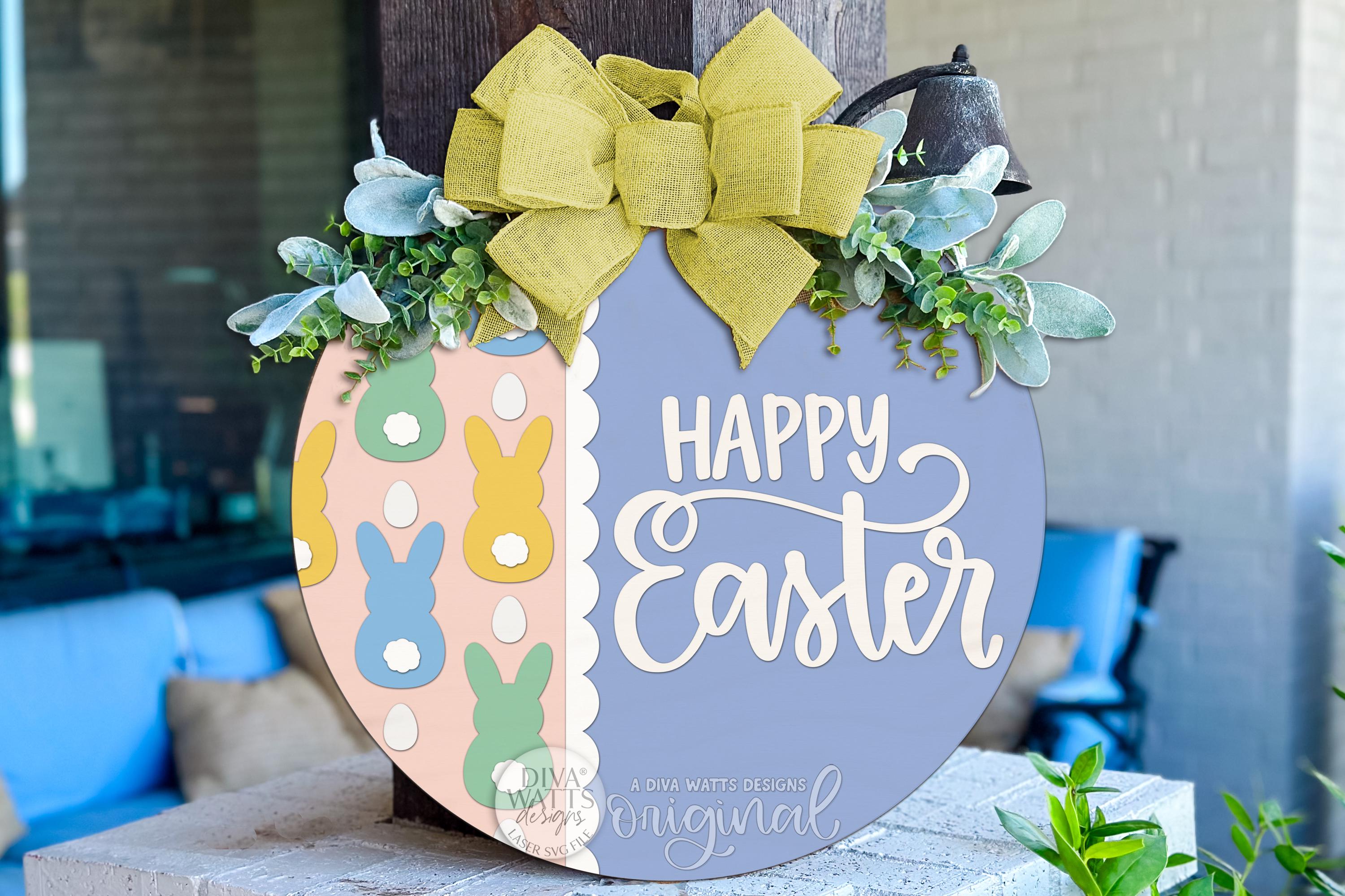 Happy Easter Round Door Hanger SVG Laser Cut File, Easter Bunny Egg ...
