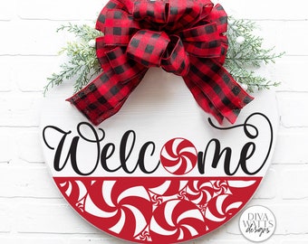 Welcome With Peppermint Round SVG | Christmas / Winter Door Hanger Design