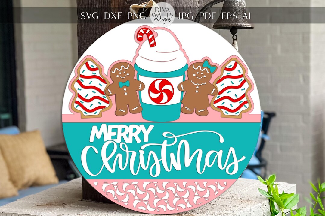 Laser Cut Door Hanger SVG | Merry Christmas Round Sign Template ...