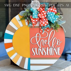 Accrocheur de porte Hello Sunshine SVG, fichier découpé au laser pour signe estival rond, signe en couches sunburst, décoration de porche de ferme, fichier de coupe Glowforge xTool