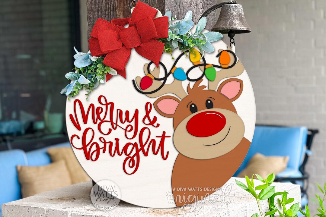 Merry & Bright Reindeer Round Door Hanger SVG | Christmas Lights Laser ...