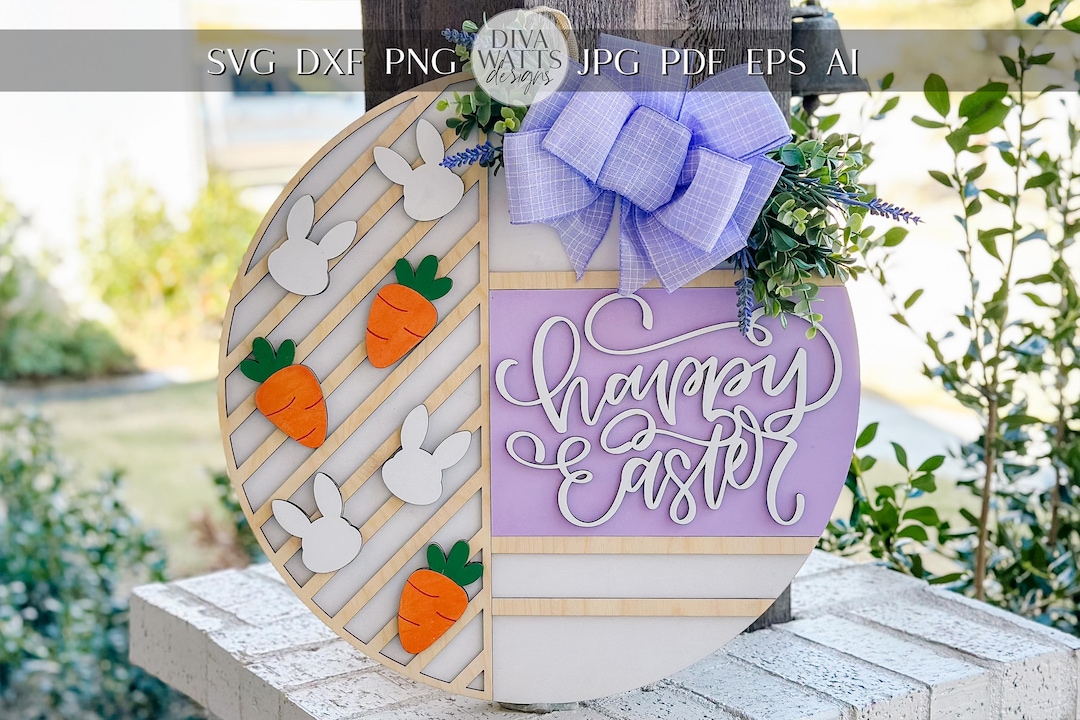 Happy Easter Bunny & Carrot Door Hanger SVG – Layered Round Laser Cut ...