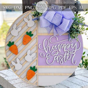 Happy Easter Bunny & Carrot Door Hanger SVG – gelaagd rond lasergesneden bestand voor lentedecor, DIY Pasen-tekensjabloon, Glowforge Xtool-svg