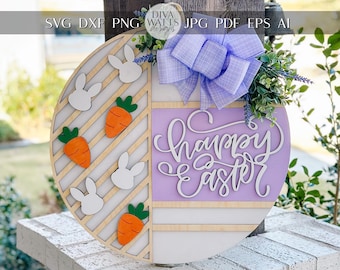 Appendino per porta con coniglietto pasquale e carota SVG – File tagliato al laser rotondo a strati per decorazioni primaverili, modello di cartello pasquale fai da te, Glowforge Xtool svg
