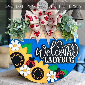 Welcome Ladybug SVG Laser File | Sunflower & Daisy Round Door Hanger SVG for Summer Laser Projects | Cute Bug Porch Sign