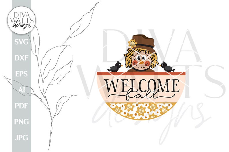 May include: A round welcome sign with a scarecrow and birds. The sign is decorated with a sunflower pattern and the text "Welcome Fall".