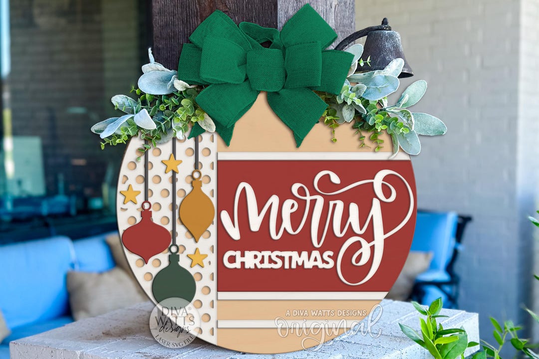 Merry Christmas Ornament Round Door Hanger SVG | Layered Laser Cut File ...