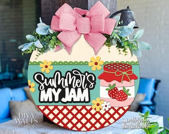 Laser Cut Door Hanger SVG | Summer's My Jam Sign SVG | Round Wood Sign Template | DIY Porch Decor File xTool Glowforge Compatible