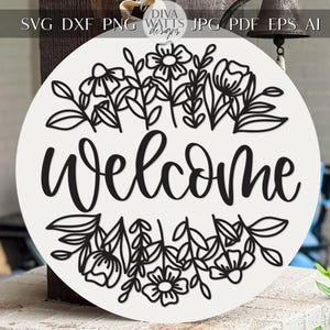 Accroche-porte floral de bienvenue SVG | Fichier découpé au laser pour panneau en bois rond | Modèle SVG botanique | Plaque décorative DIY pour porche Glowforge xTool