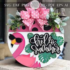 Hello Summer Flamingo Door Hanger | Tropical Round Sign for Laser Cutters | Summer Décor SVG Design 3D Round Door Sign Tropical Door Hanger