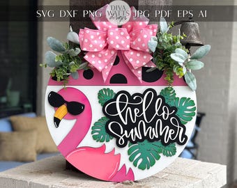 Hello Summer Flamingo Door Hanger | Tropical Round Sign for Laser Cutters | Summer Décor SVG Design 3D Round Door Sign Tropical Door Hanger