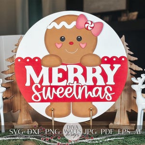 Merry Sweetmas Gingerbread SVG Laser Cut File - Christmas Door Hanger SVG, Holiday Decor SVG, Gingerbread Man Cut File