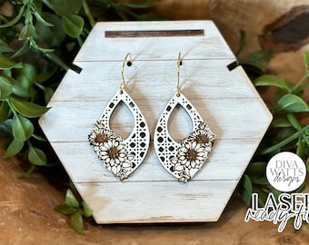 Boho Sunflower Rattan Drop Earrings Glowforge SVG | Floral Laser File