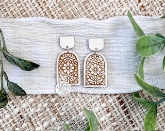 Laser Cut Earring SVG Moroccan Tile Arch Dangle Earrings Floral Cutout Tile Earring SVG Template For Laser Jewelry Boutique Designs