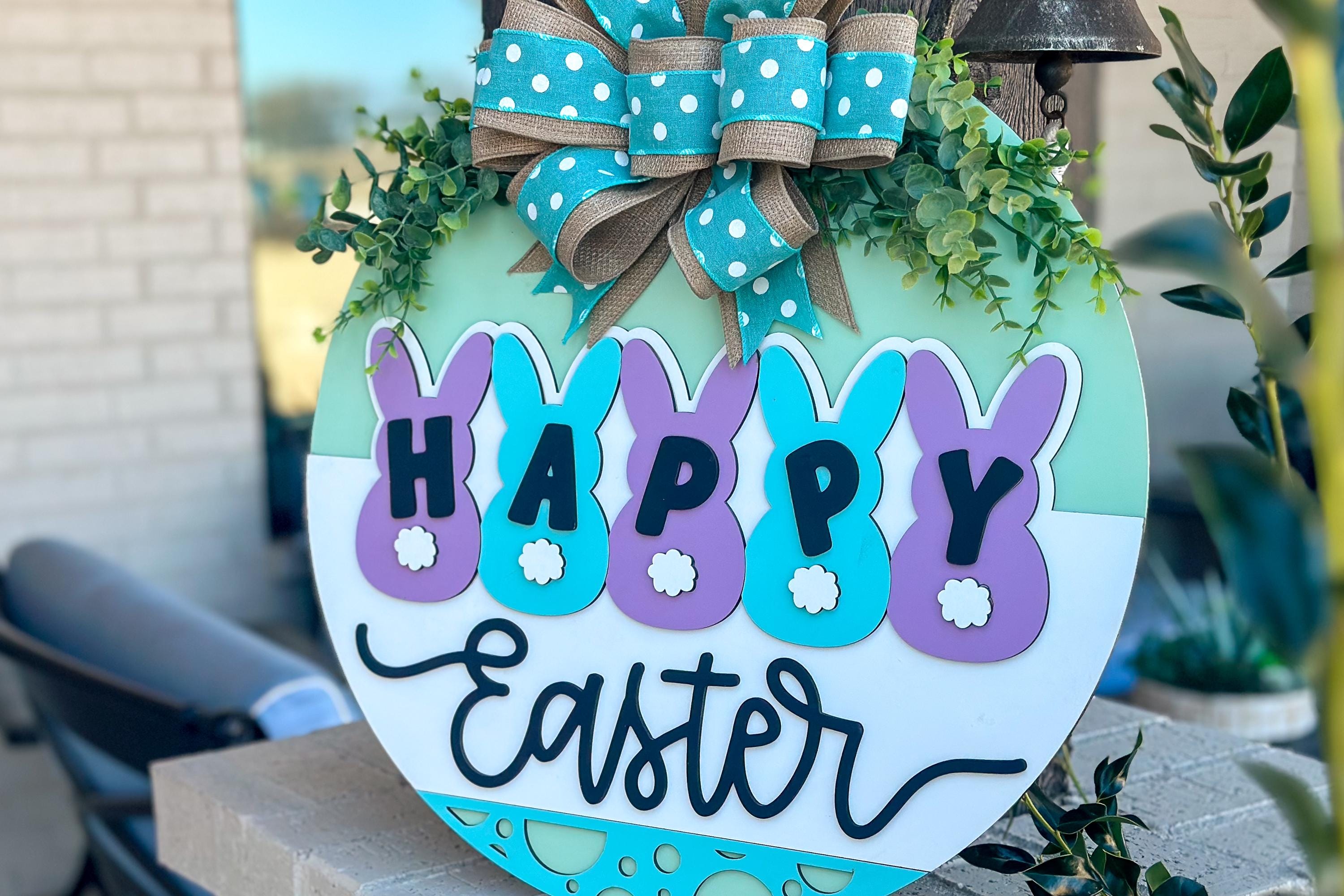 Happy Easter Bunny Door Hanger SVG, Round Laser Cut File for Glowforge ...