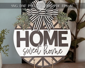 Home Sweet Home Round Door Hanger SVG – Layered Laser Cut File for DIY Farmhouse Decor, Welcome Sign Template, Glowforge Geometric Sign svg