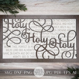 Arte de pared con himno Santo Santo Santo / Archivo de corte láser de dos capas / Decoración de escritura fácil de cortar SVG / Himno SVG para letrero láser Glowforge SVG Xtool svg