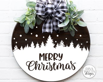 Merry Christmas SVG | Tree & Snow Silhouette Round Sign Design