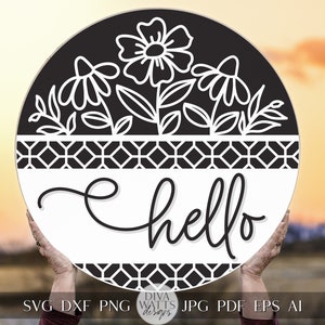 Hello SVG Spring Florals Door Hanger Design Geometric Welcome SVG Wooden Welcome Door Hanger Front Door Decor Front Door Sign Flower svg