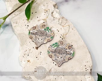 Highland Cow Earring SVG | Engraved Farm Animal Earrings | Floral Cow Laser Cut File for Glowforge xTool | Farmhouse Jewelry SVG