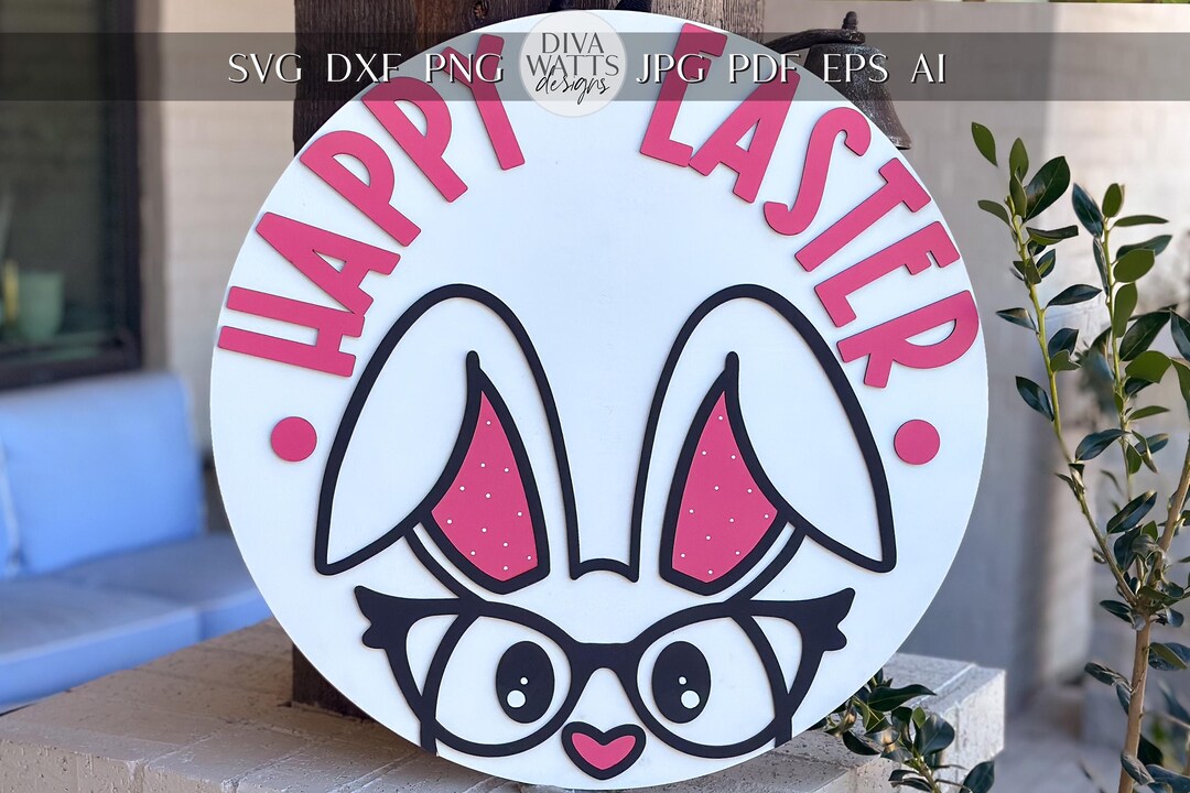 Happy Easter Bunny Door Hanger SVG, Glasses Rabbit Laser Cut File ...