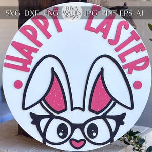 Happy Easter Bunny Door Hanger SVG, Glasses Rabbit Laser Cut File, Round Sign Design, Glowforge SVG, Xtool, Easter Decor