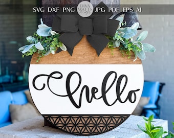 Laser Cut Door Hanger SVG | Hello Sign SVG File | DIY Round Wood Sign Template | Digital Cut File Glowforge xTool Compatible Decor