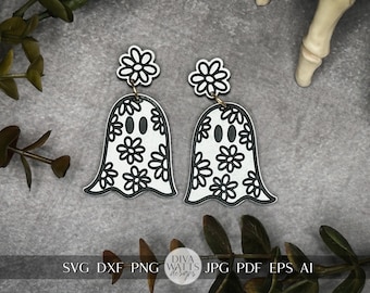 Floral Ghost Earrings SVG, Halloween Earring Design, Boho Ghost Earrings Cut File, Cricut Fall Jewelry svg, DIY Jewelry Halloween SVG