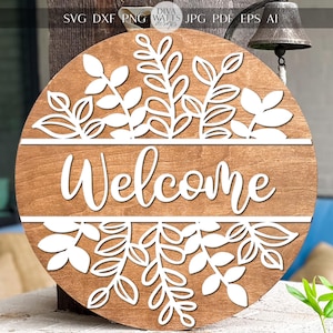 Accroche-porte découpé au laser SVG | Panneau de bienvenue fichier SVG | de plaque en bois ronde | Fichier DIY découpé au laser | Compatible avec Glowforge xTool