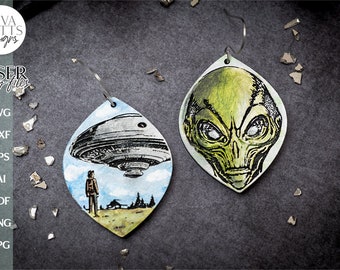 Alien Earrings SVG For Laser Earrings With Space Ship for Halloween Earrings For Glowforge Alien Earrings SVG Halloween Earring SVG