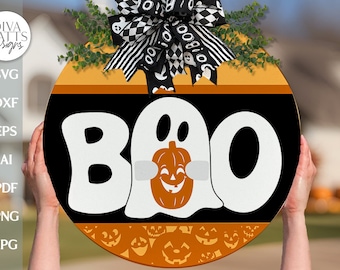 Boo SVG Halloween Ghost Door Hanger svg Ghost With Pumpkin Sign svg Cute Ghost svg Boo sign svg Boo Door Hanger svg Halloween Ghost svg File