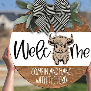 Welcome SVG Door Hanger Highland Cow SVG Farmhouse Front Door Sign SVG With Highland Cow Welcome Door Hanger svg Farmhouse Porch Decor svg