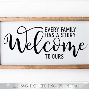SVG Toda família tem uma história Bem-vindo à nossa | Arquivo de corte | Placa | DXF png eps jpg | Entrada | Varanda | Sala de estar | Sala | Estêncil de vinil