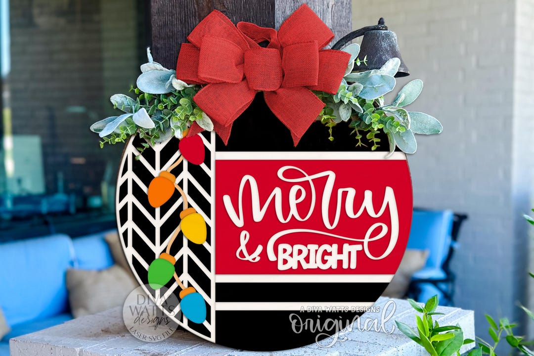 Merry & Bright SVG Round Door Hanger | Christmas Lights Laser Cut File ...