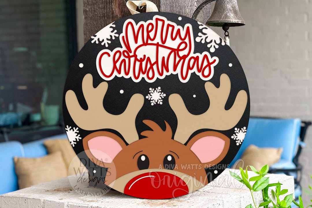 Merry Christmas Reindeer Door Hanger SVG | Layered Round Christmas ...