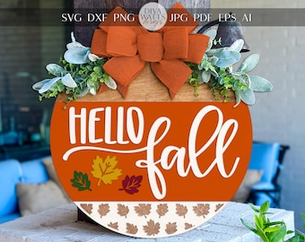 Hello Fall Round Door Hanger SVG File | Autumn Porch Sign Laser Cut Design | Layered Pumpkin Leaves Digital Download for Glowforge xTool