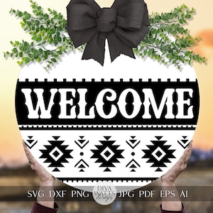 Bienvenue SVG motif sud-ouest accroche-porte SVG motif aztèque SVG rond accroche-porte svg motif aztèque signe svg Cricut svg pour panneau de bienvenue