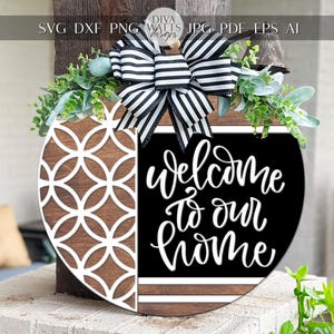 Laser Cut Door Hanger SVG | Welcome to Our Home Sign SVG | Modern Round Wood Sign Template | DIY Glowforge xTool Digital Cut File