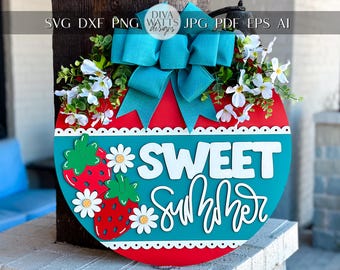 Sweet Summer Strawberry Door Hanger SVG Laser Cut File, Layered Round Sign SVG, Summer Glowforge Laser File, Door Hanger SVG, Strawberry svg