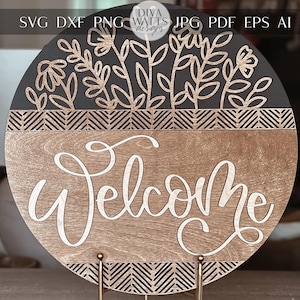Witaj Kwiatowy SVG Plik Cięty Laserowo, Elegancki Geometryczny Szablon Wieszaka Na Drzwi, Nowoczesny Okrągły Projekt Znaku dla Glowforge i Xtool