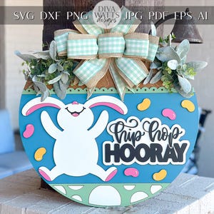 Accroche-porte Hip Hop Hourra lapin de Pâques SVG, fichier découpé au laser, enseigne de Pâques en couches 3D, déco de porche de printemps, Glowforge, Xtool, laser SVG
