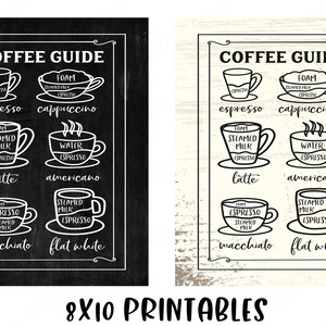 May include: Two printable 8x10 coffee guides with a chalkboard and whitewashed wood background. Each guide features a visual representation of different coffee drinks, including espresso, cappuccino, latte, americano, macchiato, and flat white.