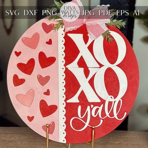 Valentinstag XOXO Y'all Türschild SVG | Herz Ausschnitt Laser-Datei | Runde Holzschild Vorlage | DIY Valentinstag Dekor svg