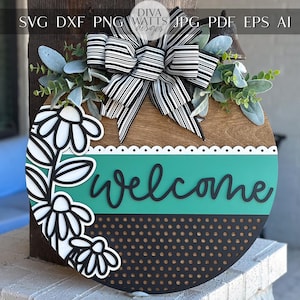 Bem-vindo Porta Cabide SVG, Floral Laser Cut File, Camada Redonda Placa para Glowforge Xtool, DIY Porta de Entrada Decoração, Fazenda Madeira Placa