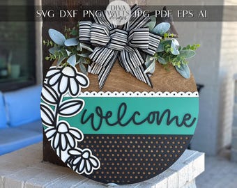 Welcome Door Hanger SVG, Floral Laser Cut File, Layered Round Sign for Glowforge Xtool, DIY Front Door Decor, Farmhouse Wood Sign