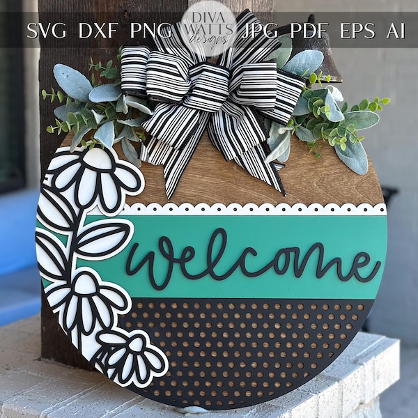 Welcome Door Hanger SVG, Floral Laser Cut File, Layered Round Sign for Glowforge Xtool, DIY Front Door Decor, Farmhouse Wood Sign