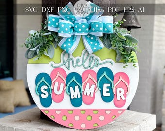 Hello Summer Flip Flop SVG Laser File | Summer Door Hanger SVG | Round Porch Sign for Laser Cutting | Layered Summer SVG File